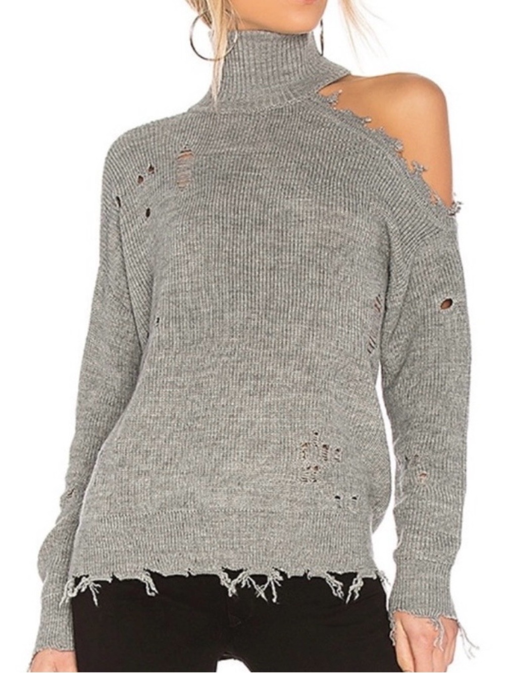 Lovers and friends Arlington sweater grey distressed turtleneck open shoulder